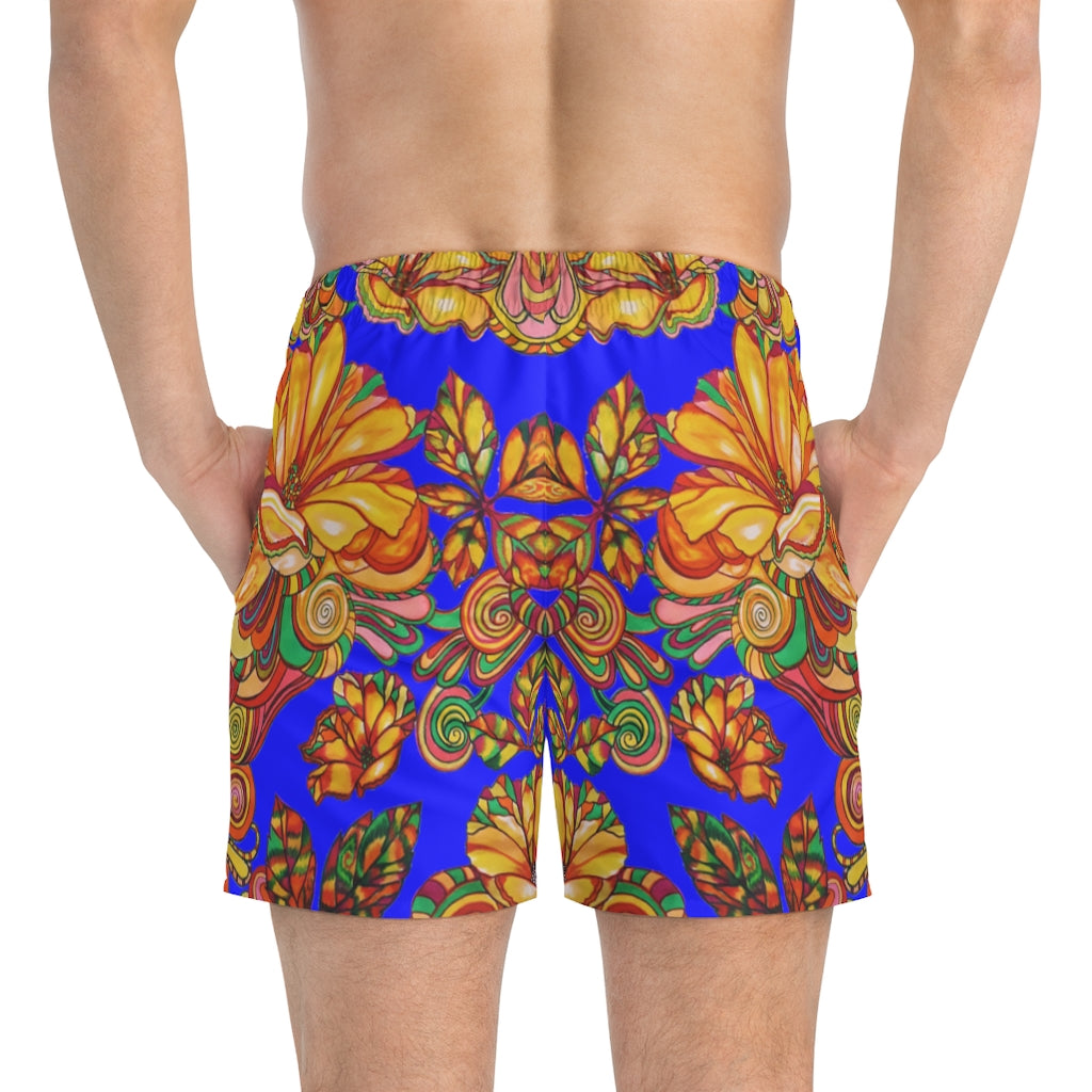 Artsy Floral Men's Electric Blue Swimming Trunks