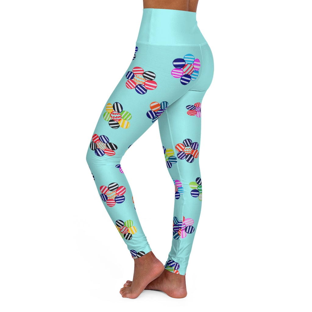 icy blue geometric floral printed yoga leggings