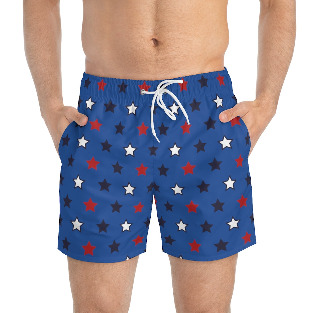 royal blue star print 4th of July men's swimming trunks