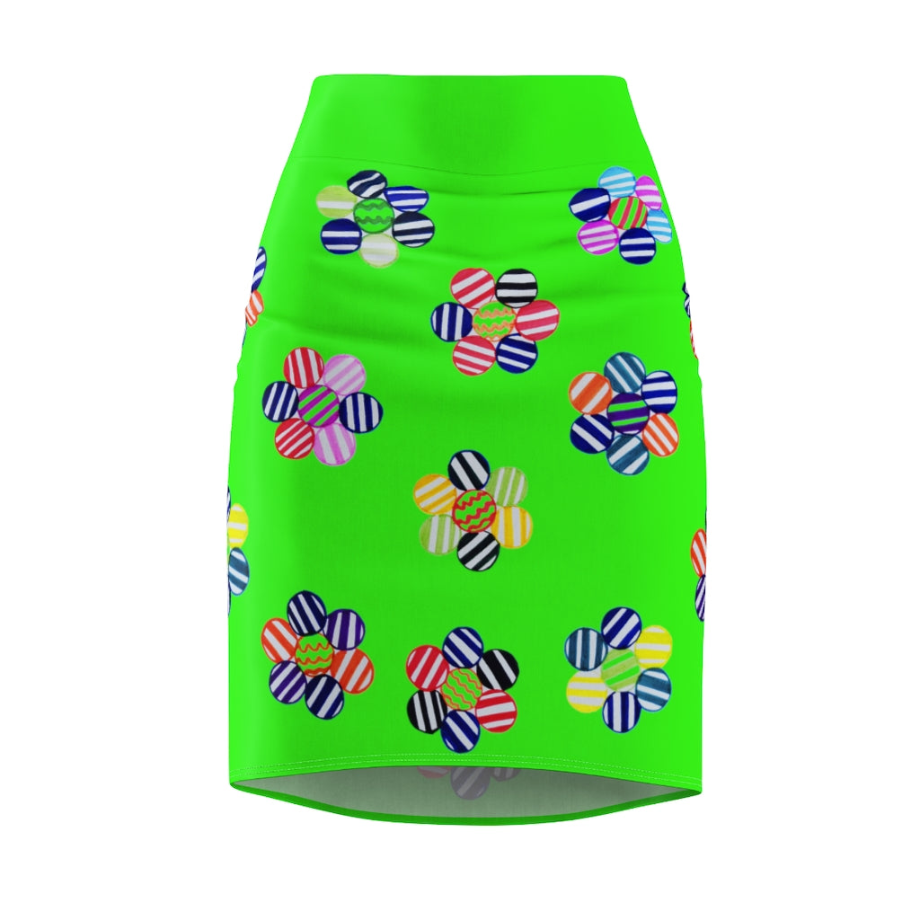 neon green striped florals pencil skirt 