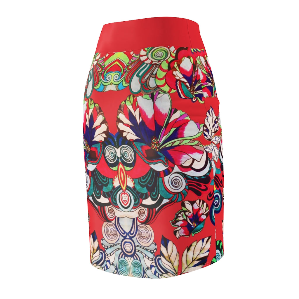 Floral Pop Red Pencil Skirt