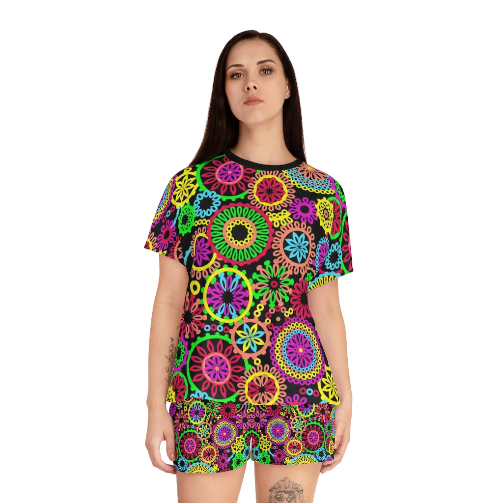 Black 70's Vibe Short Pajama Set (AOP)