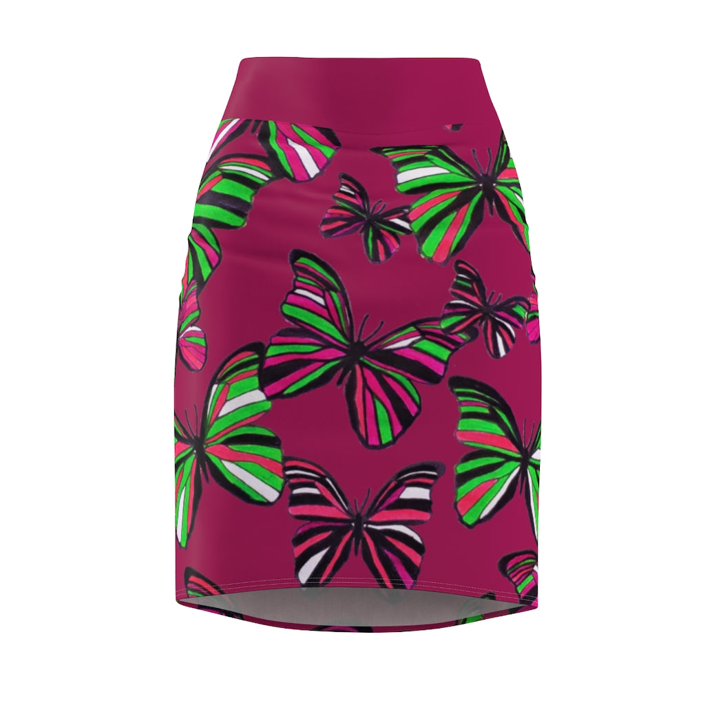 Dark Pink Butterflies Pencil Skirt