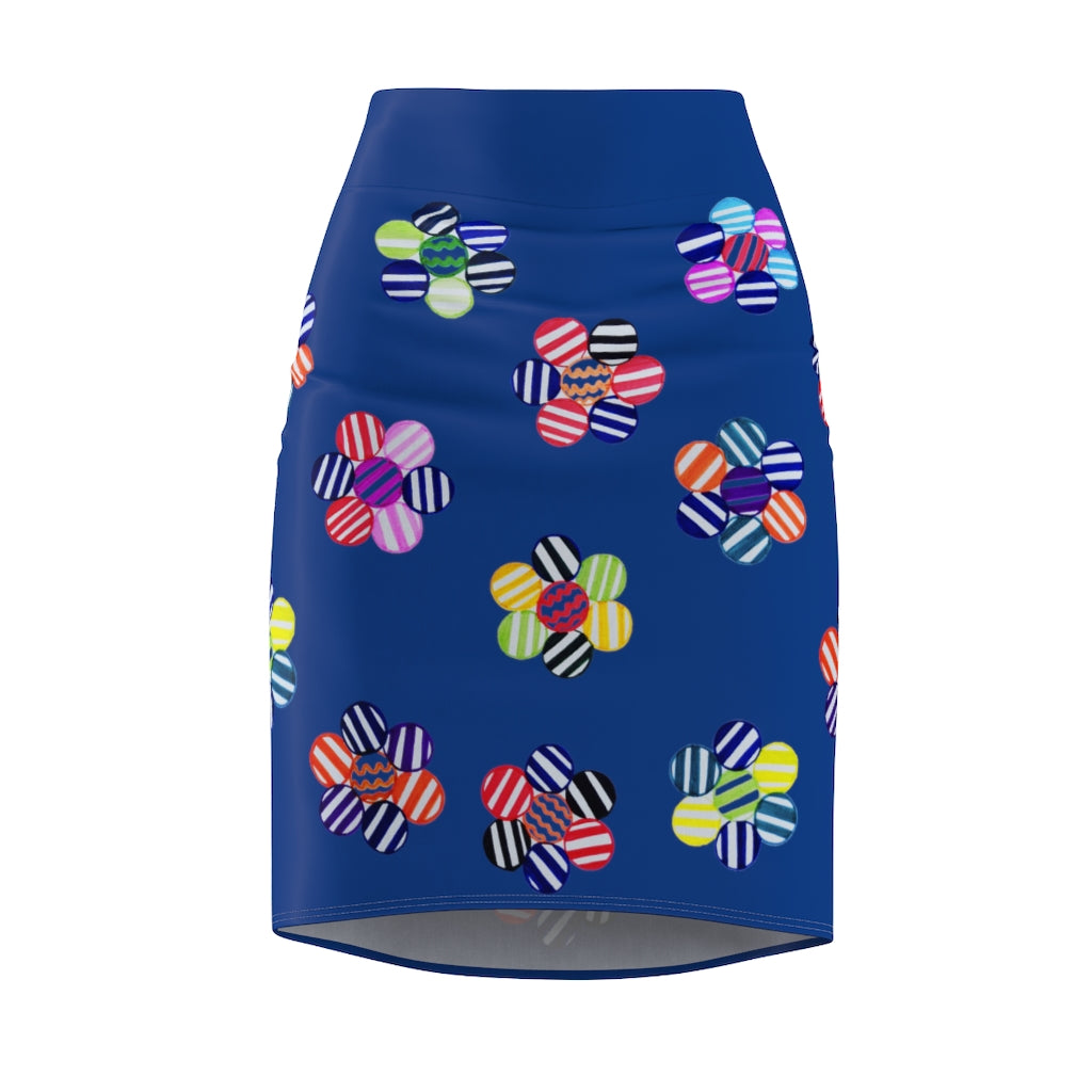 blue striped floral print pencil skirt