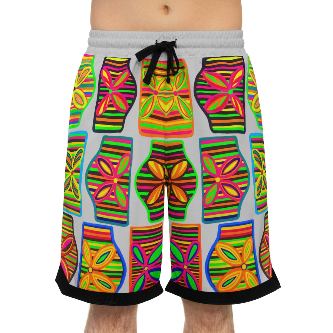 slate grey art deco print basketball shorts for men