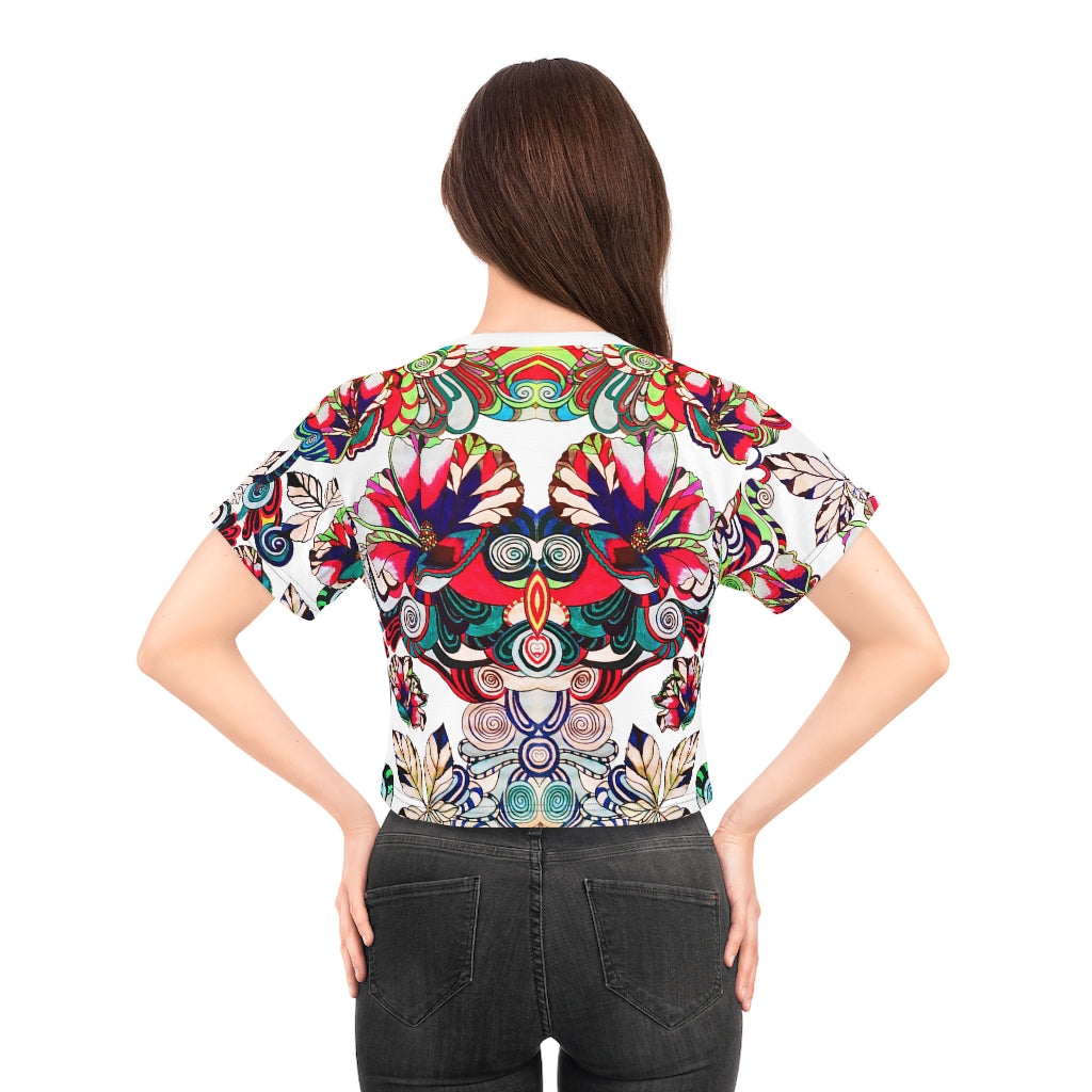 White Artsy Floral Pop AOP Crop Tee