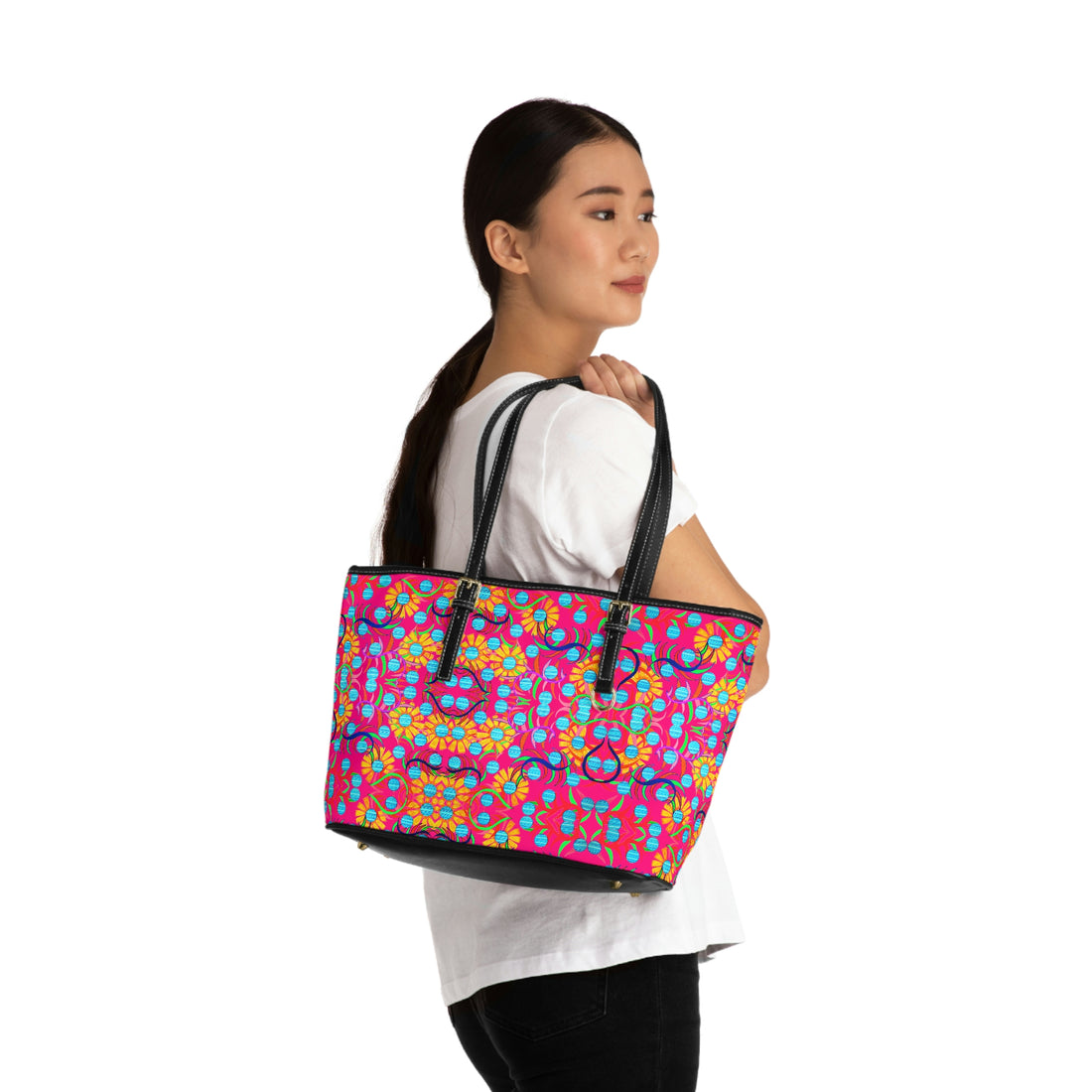 hot pink pu leather sunflower print oversize tote bag