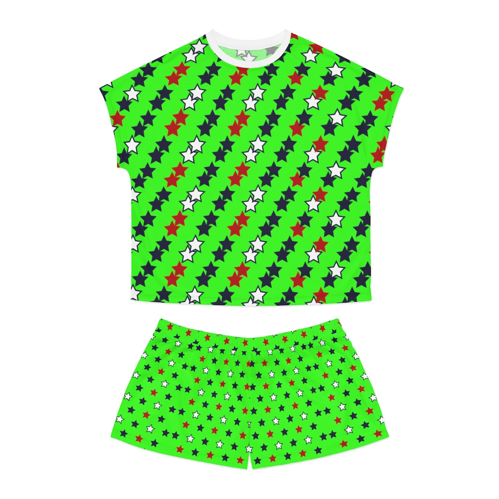 Neon Green Star Print Short Pajama Set (AOP)
