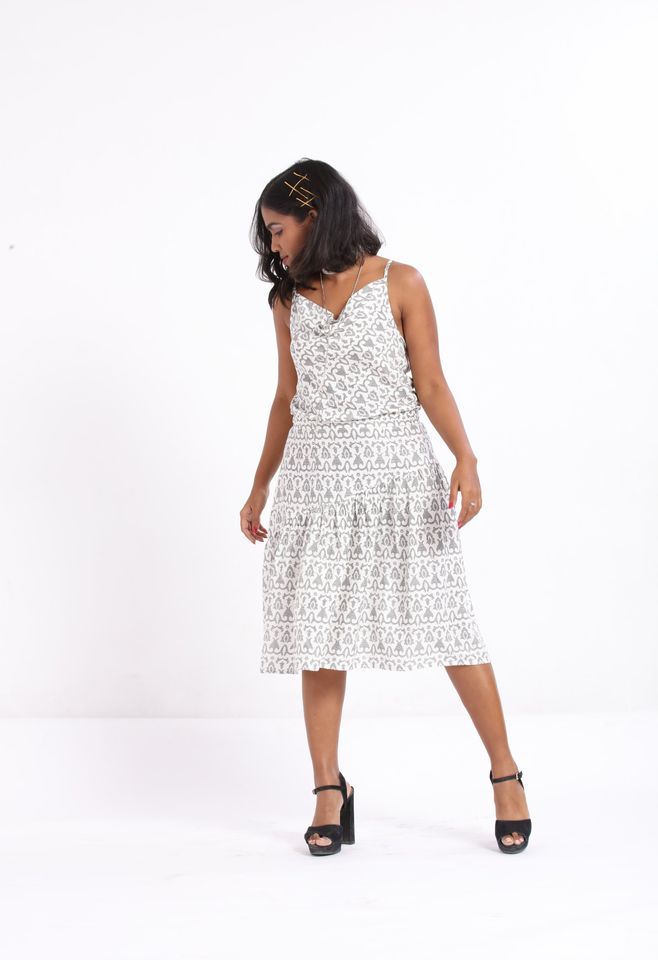 White dobby weave cowl dress