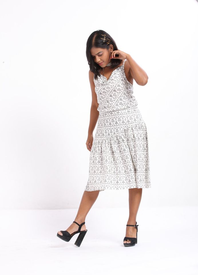 White dobby weave cowl dress