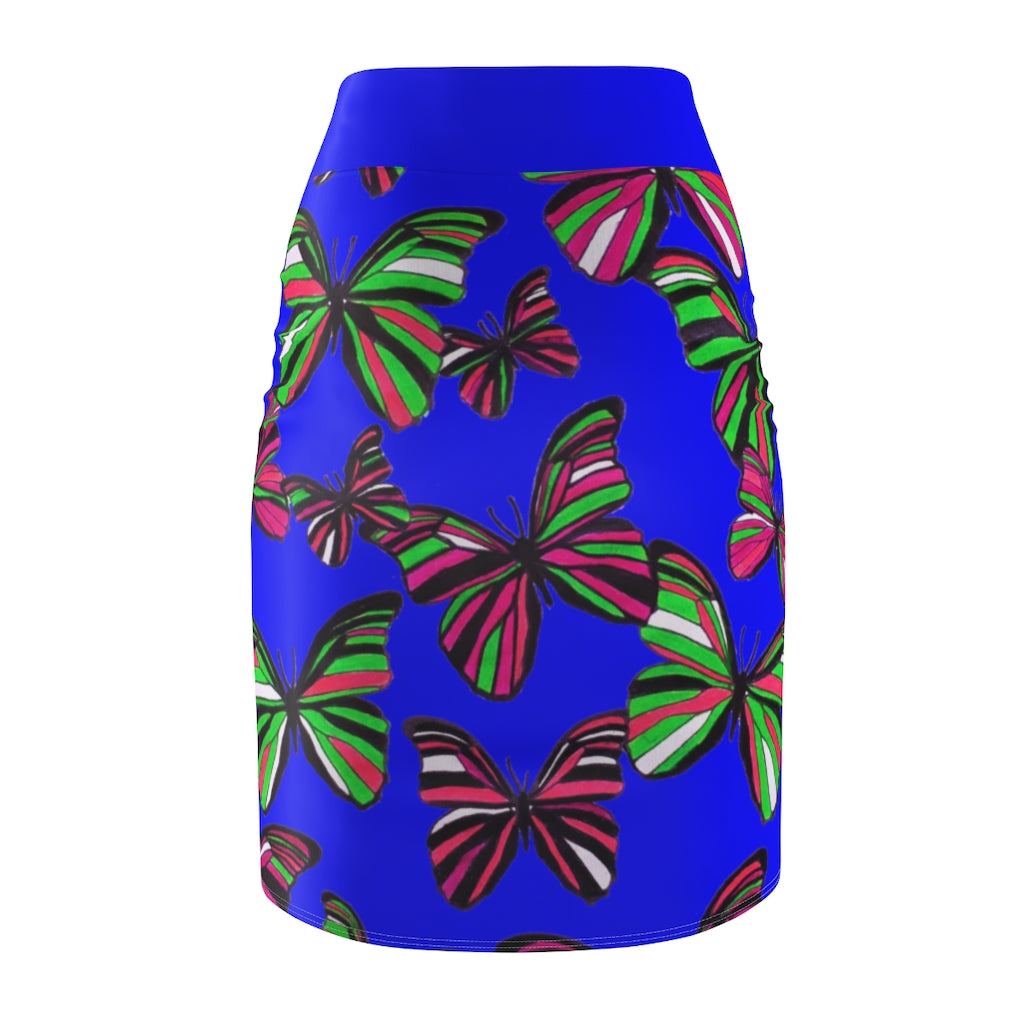 Electric Blue Butterflies Pencil Skirt