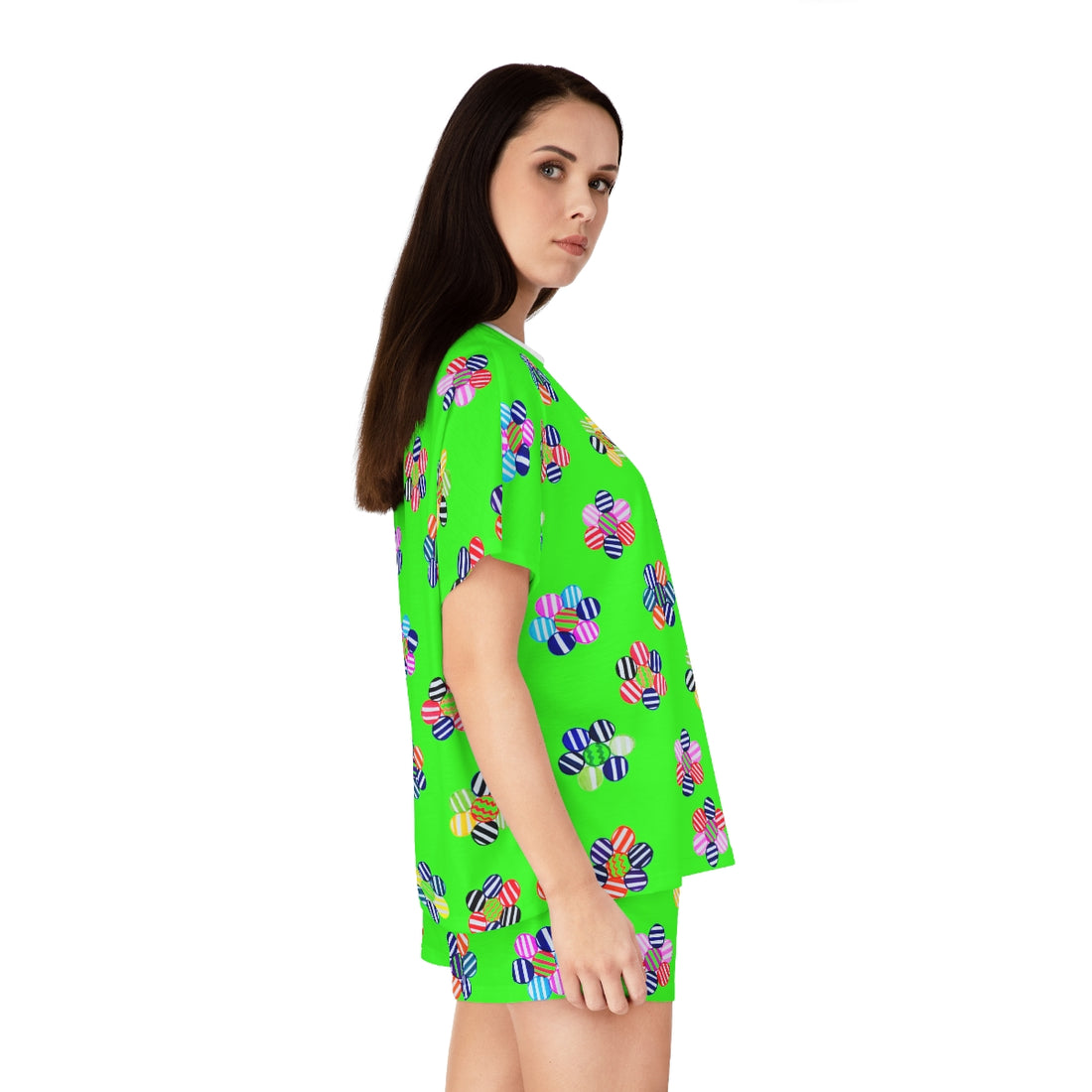 Neon Green Candy Floral Short Pajama Set (AOP)