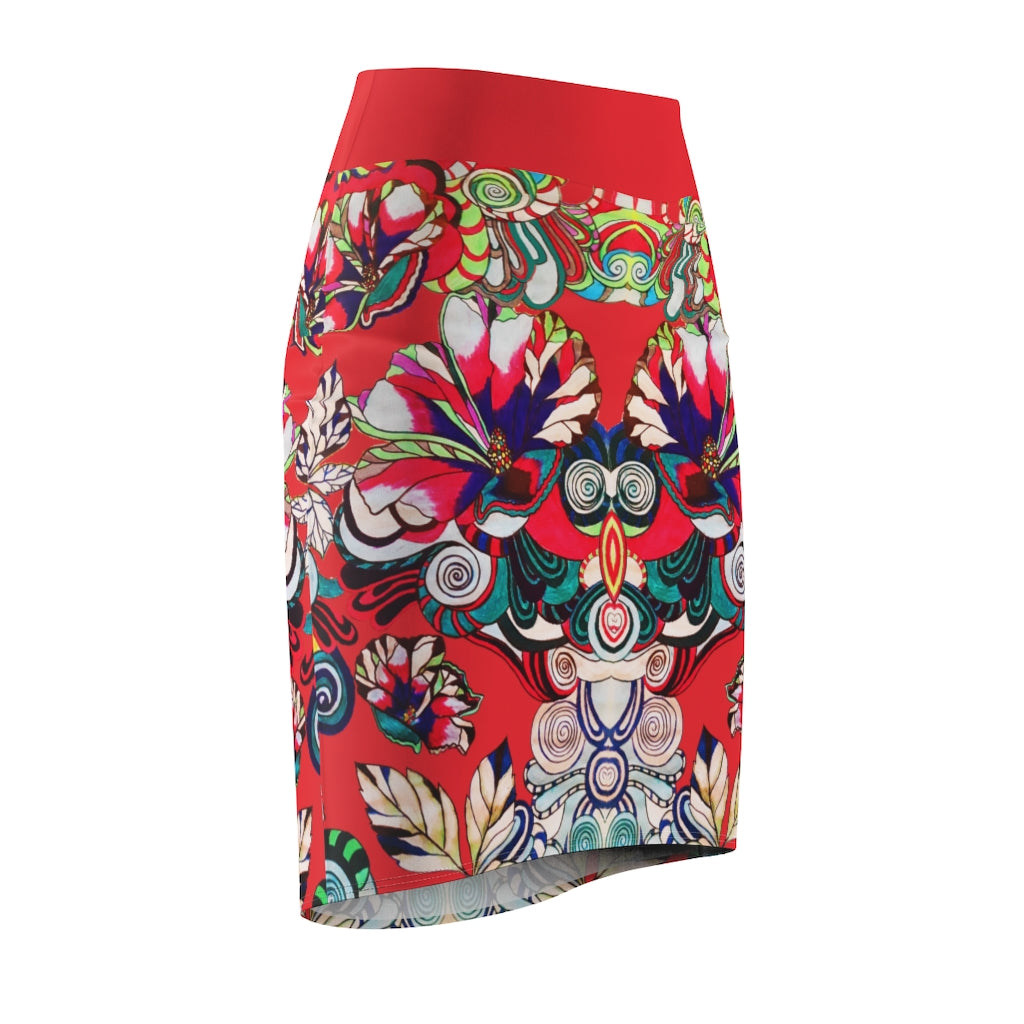 Floral Pop Red Pencil Skirt