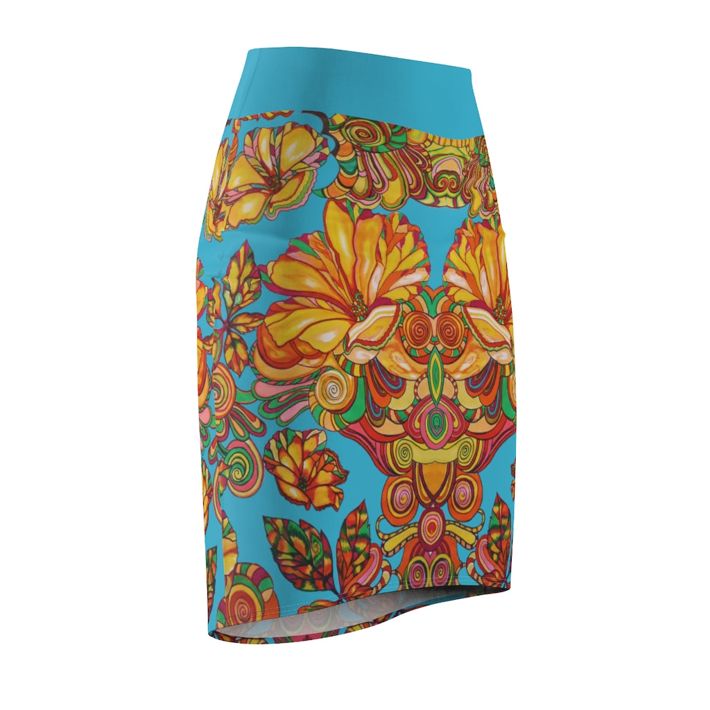 Artsy Floral Aqua Pencil Skirt
