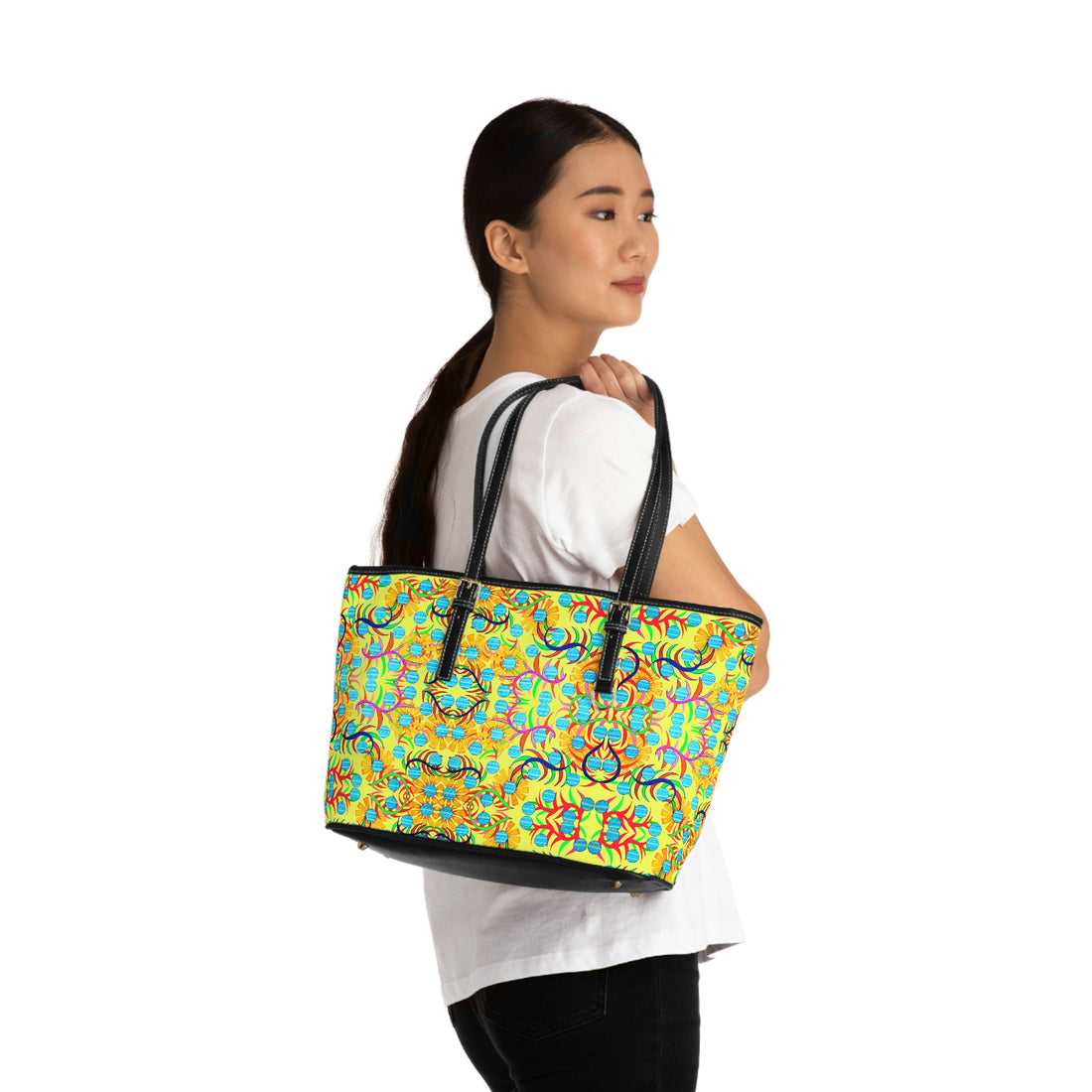 canary pu leather sunflower print oversize tote bag