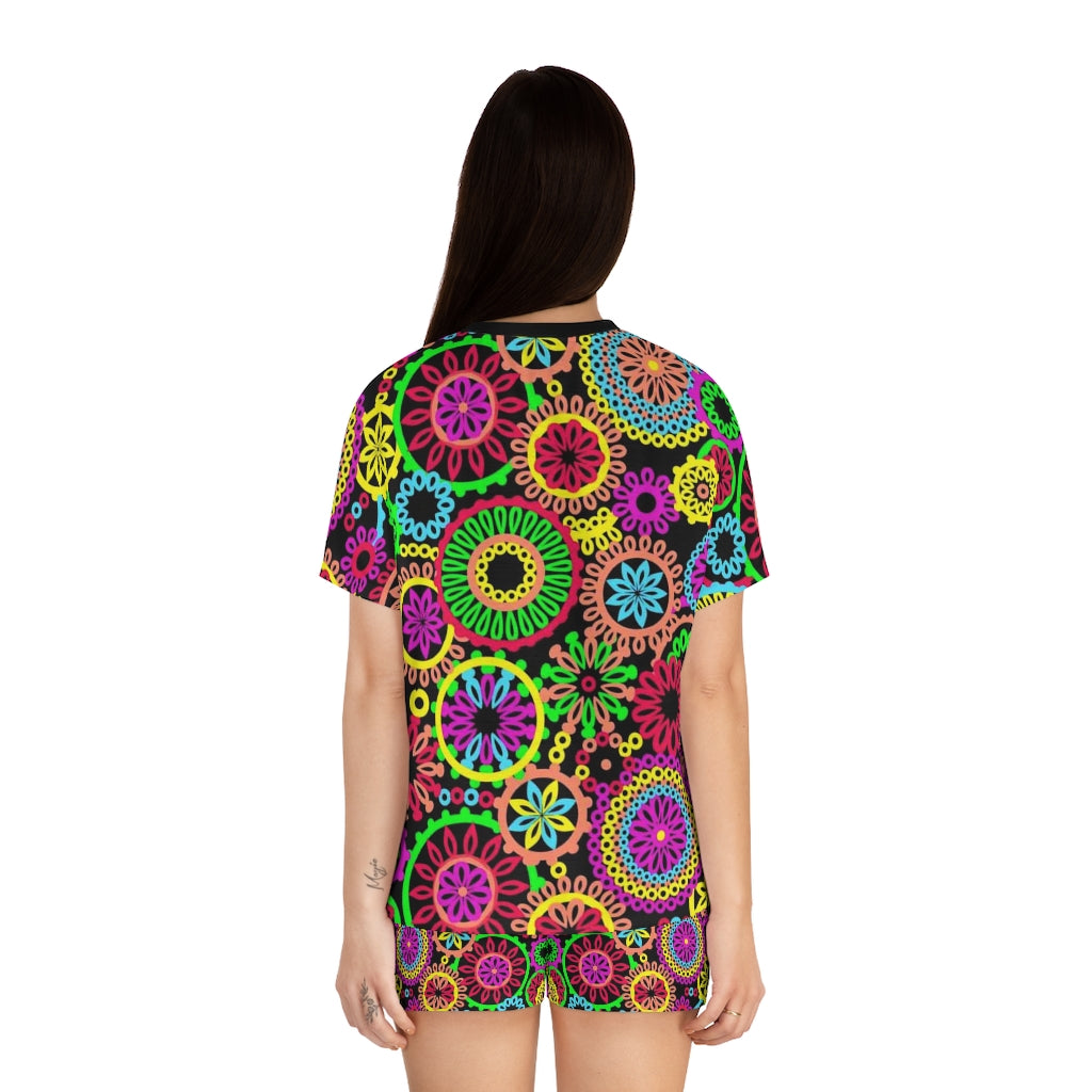 Black 70's Vibe Short Pajama Set (AOP)