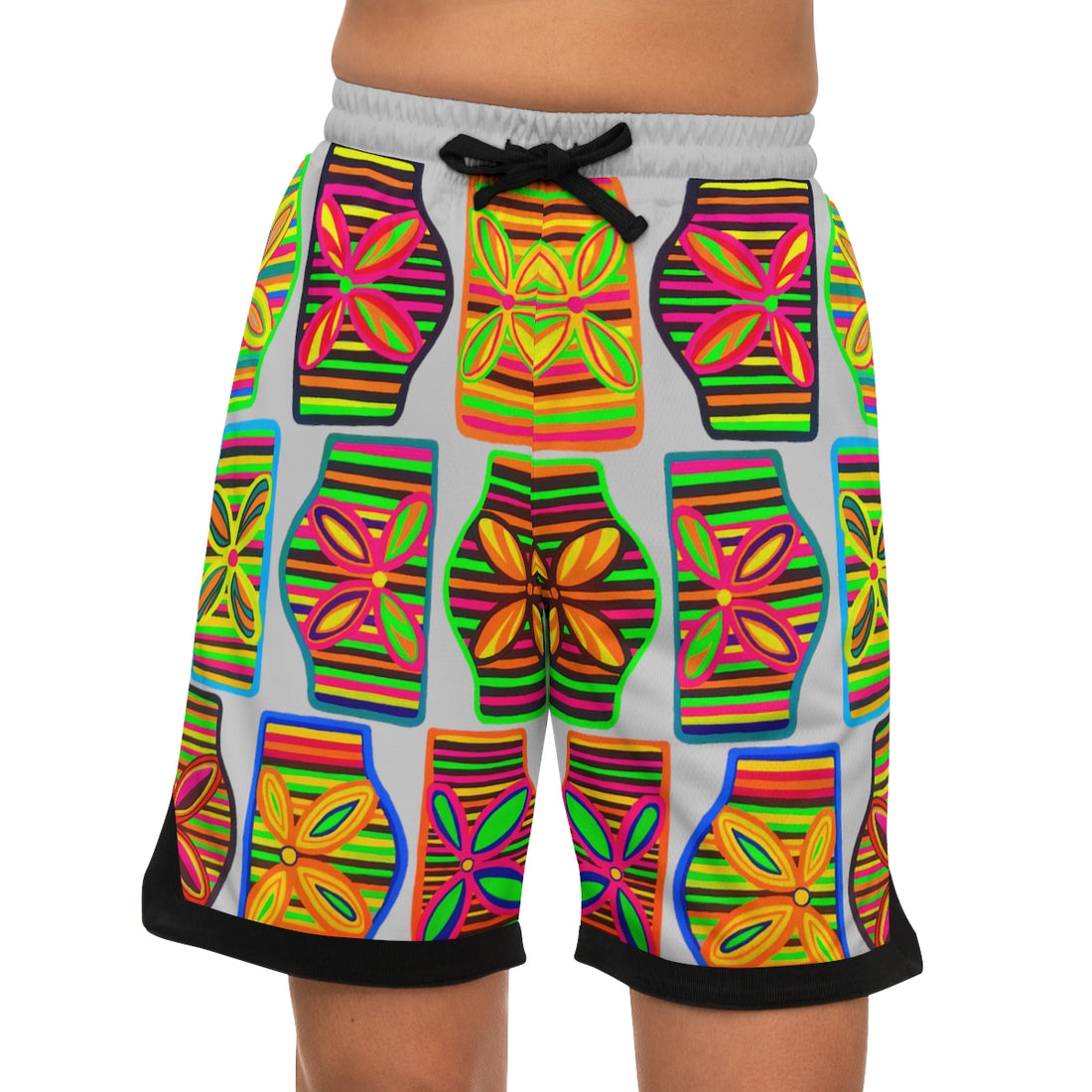 Slate Grey Deco Print Basketball Rib Shorts (AOP)