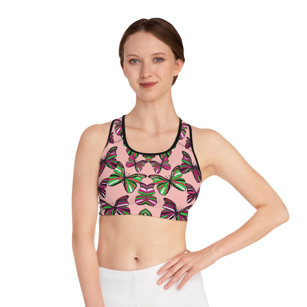 Blush Butterfly (AOP) Sports Bra