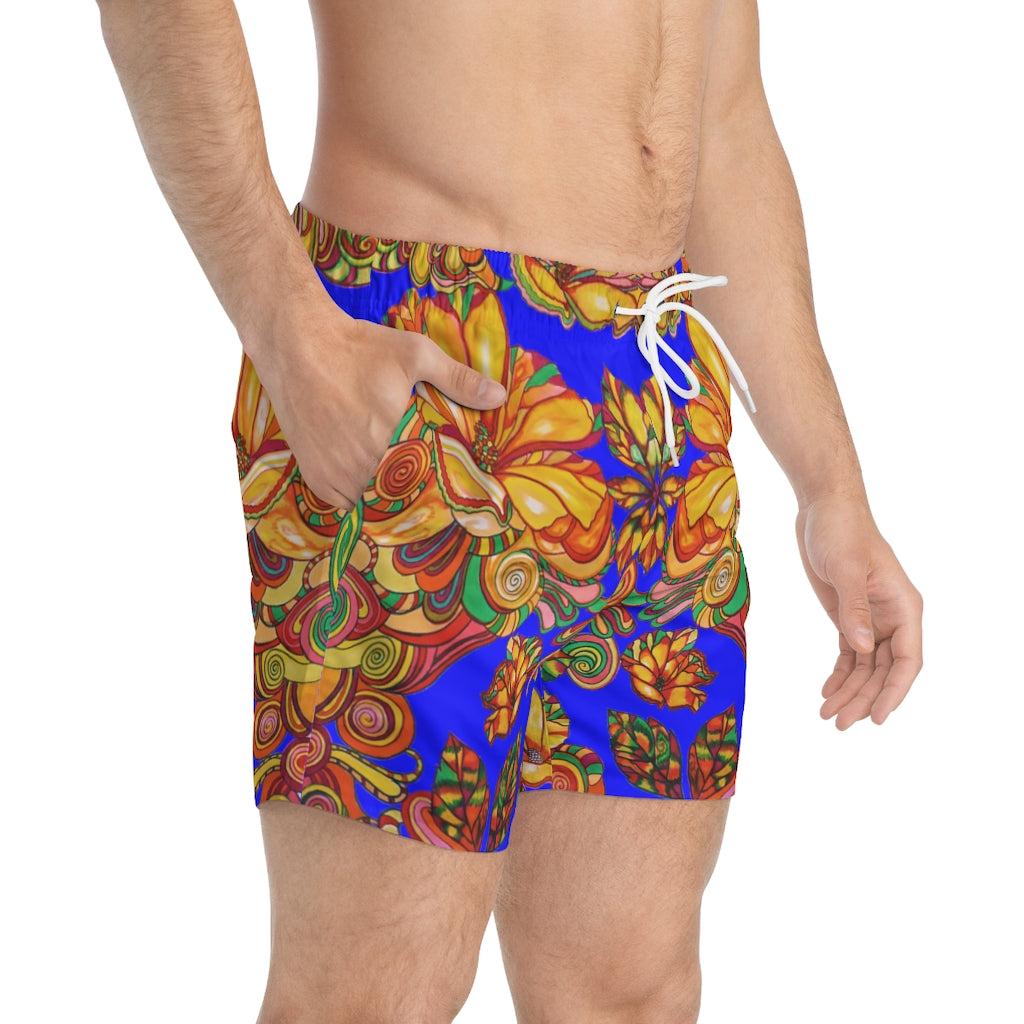 Artsy Floral Men's Electric Blue Swimming Trunks