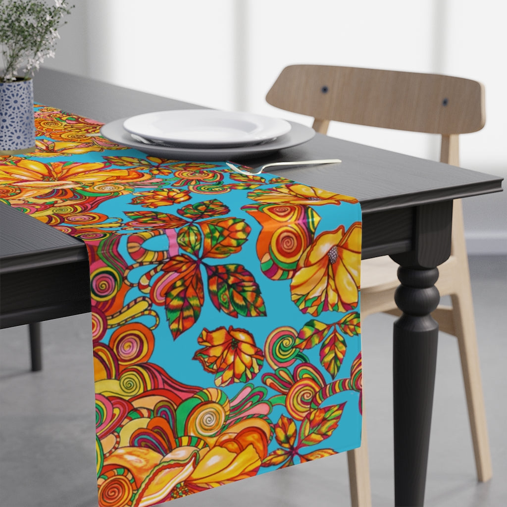 Artsy Floral Aqua Table Runner