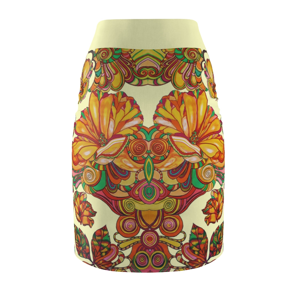 Artsy Floral Cream Pencil Skirt