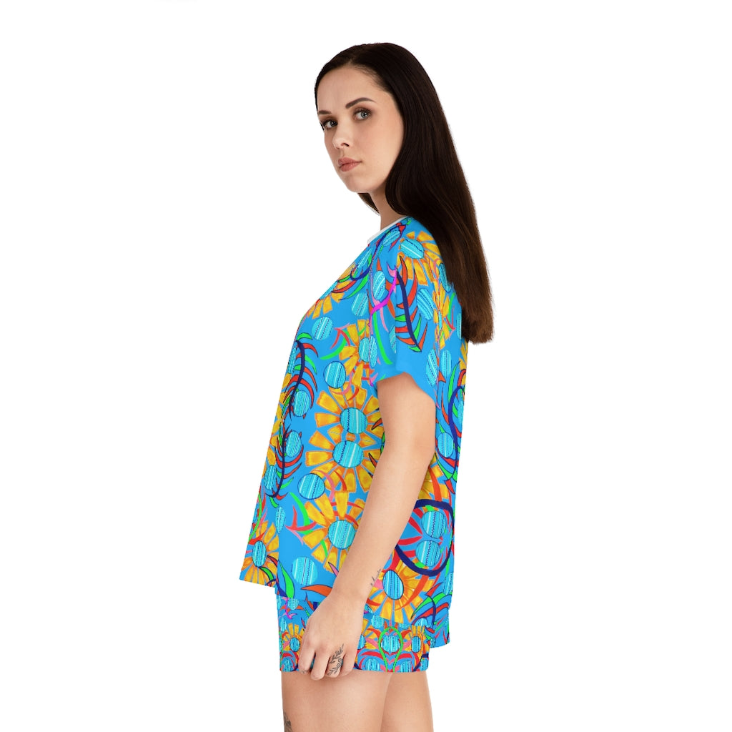 Aqua Sunflower Short Pajama Set (AOP)