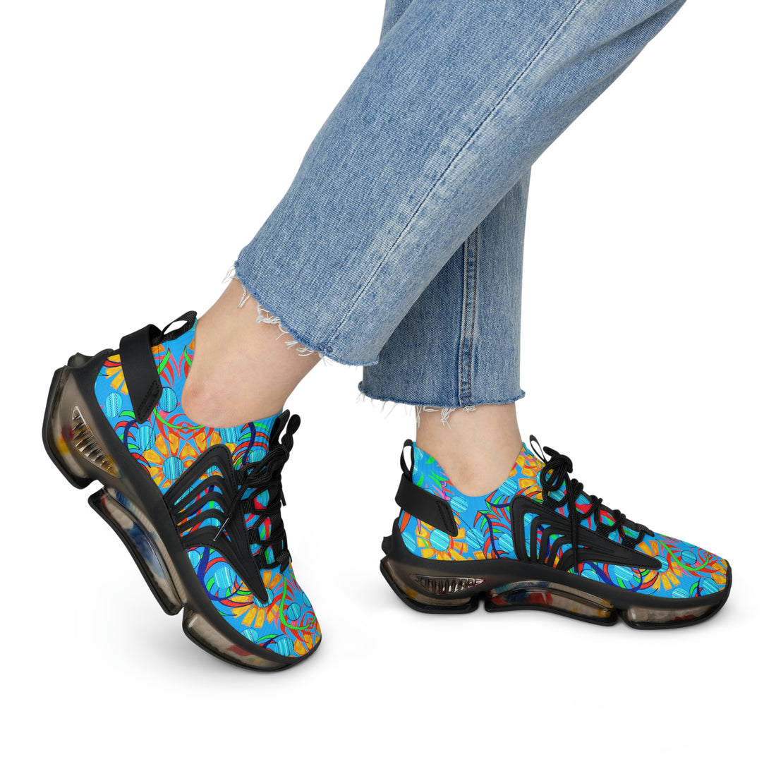 Aqua Sunflower Printed OTT Women's Mesh Knit Sneakers