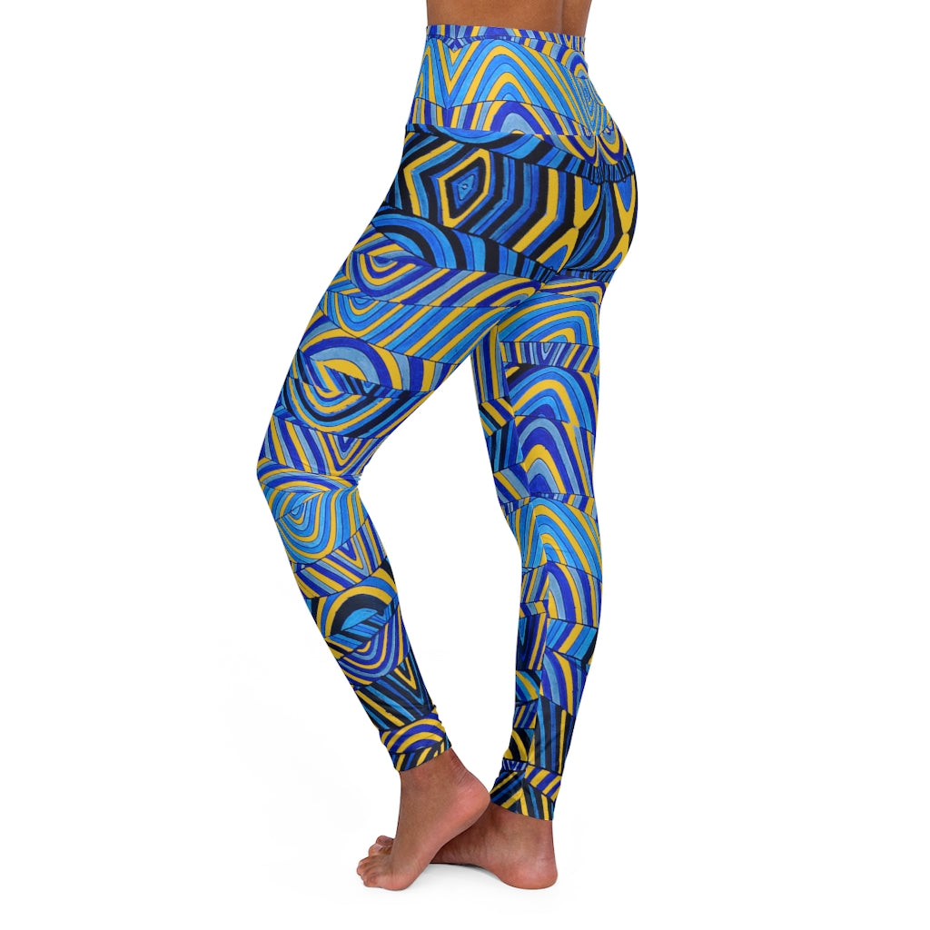 yellow & blue psychedelic print yoga athleisure leggings for women