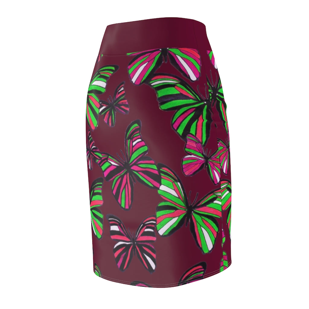 Marsala Butterflies Pencil Skirt