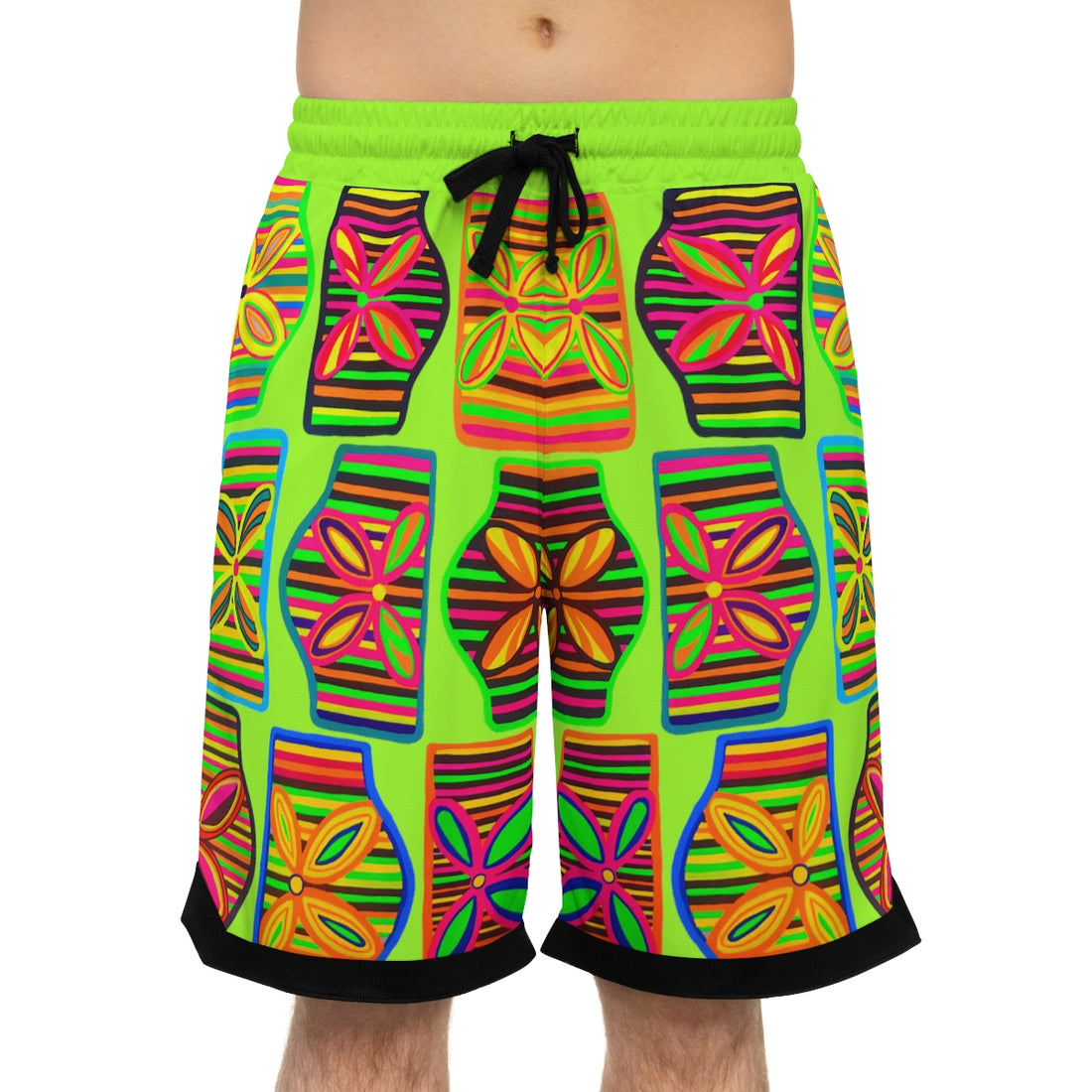 limegreen art deco print basketball shorts