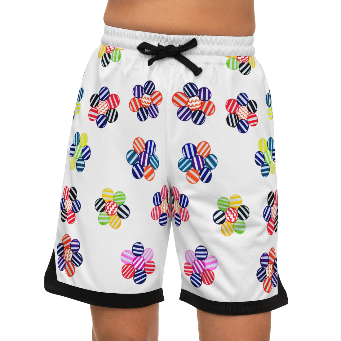 White Geo Floral Basketball Rib Shorts (AOP)