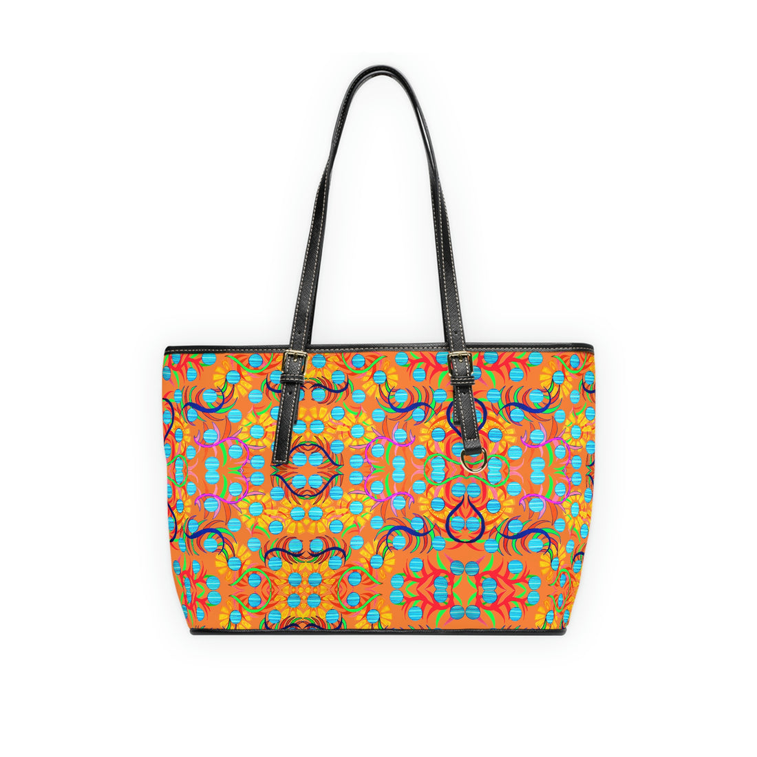 peach sunflower print pu leather zipper tote bag