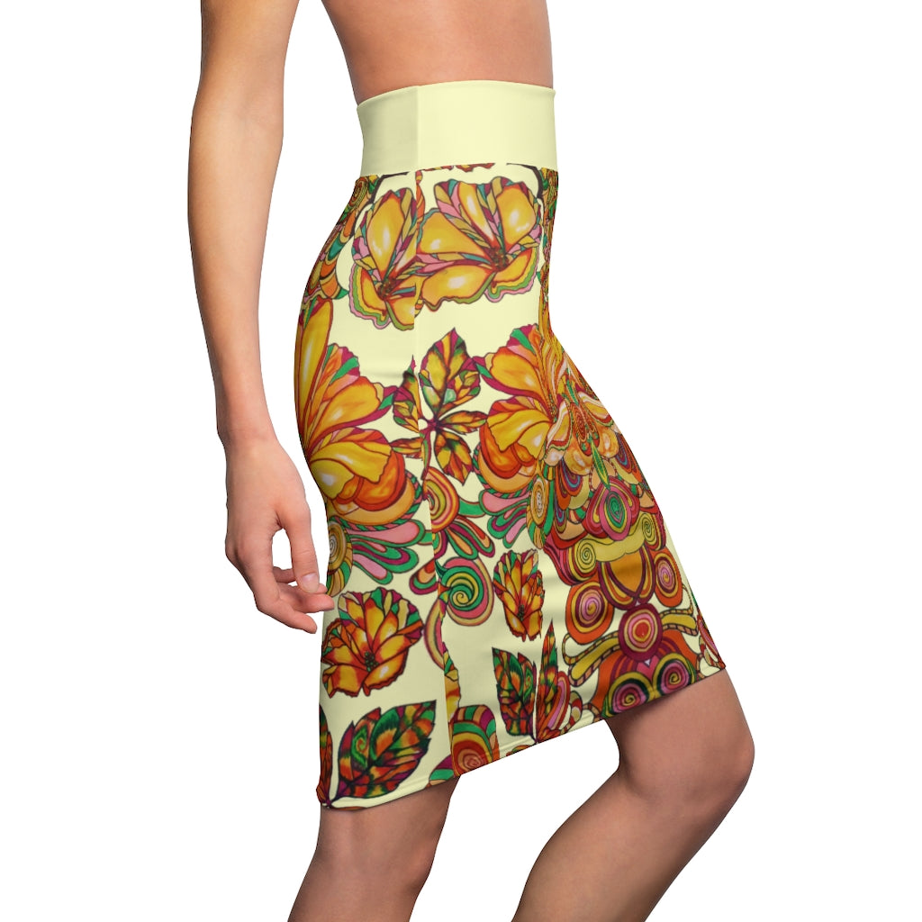 Artsy Floral Cream Pencil Skirt