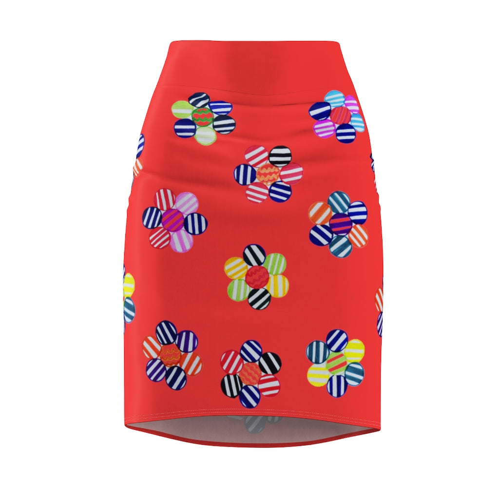 vermillion striped floral print pencil skirt
