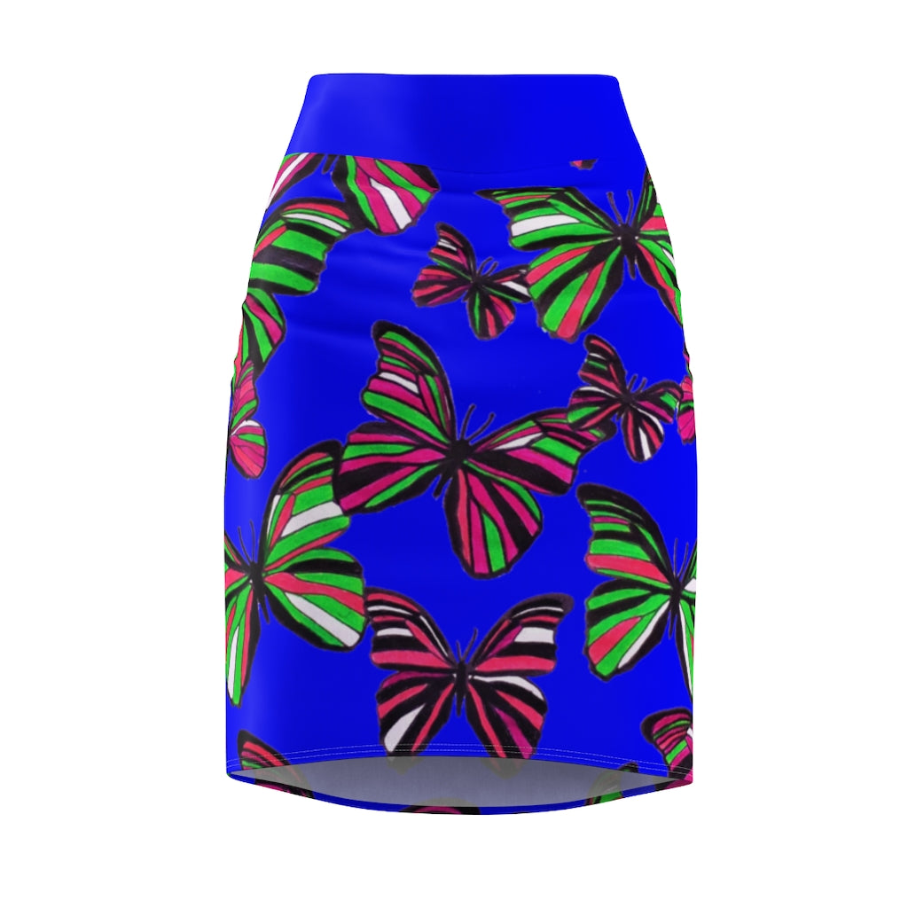 Electric Blue Butterflies Pencil Skirt