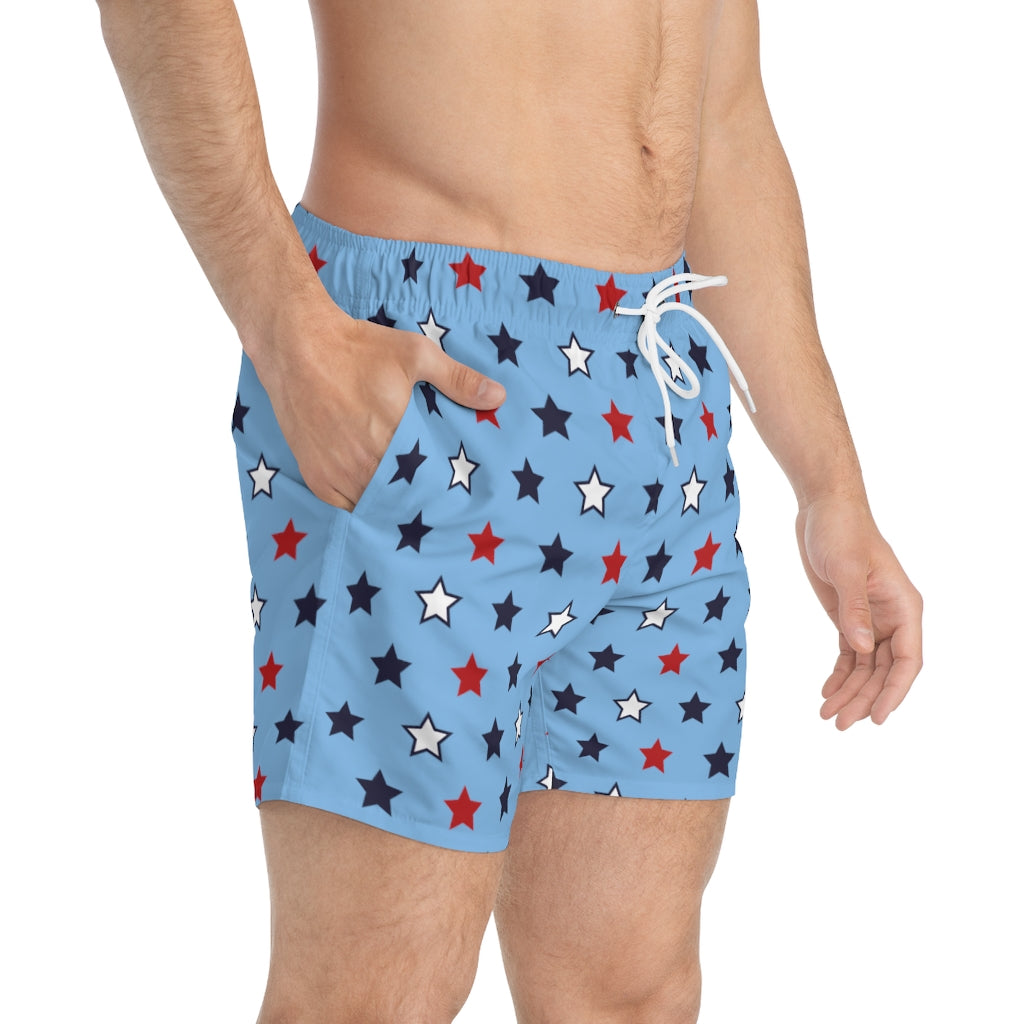 sky blue star print 4th of July men's swimming trunks by labelrara