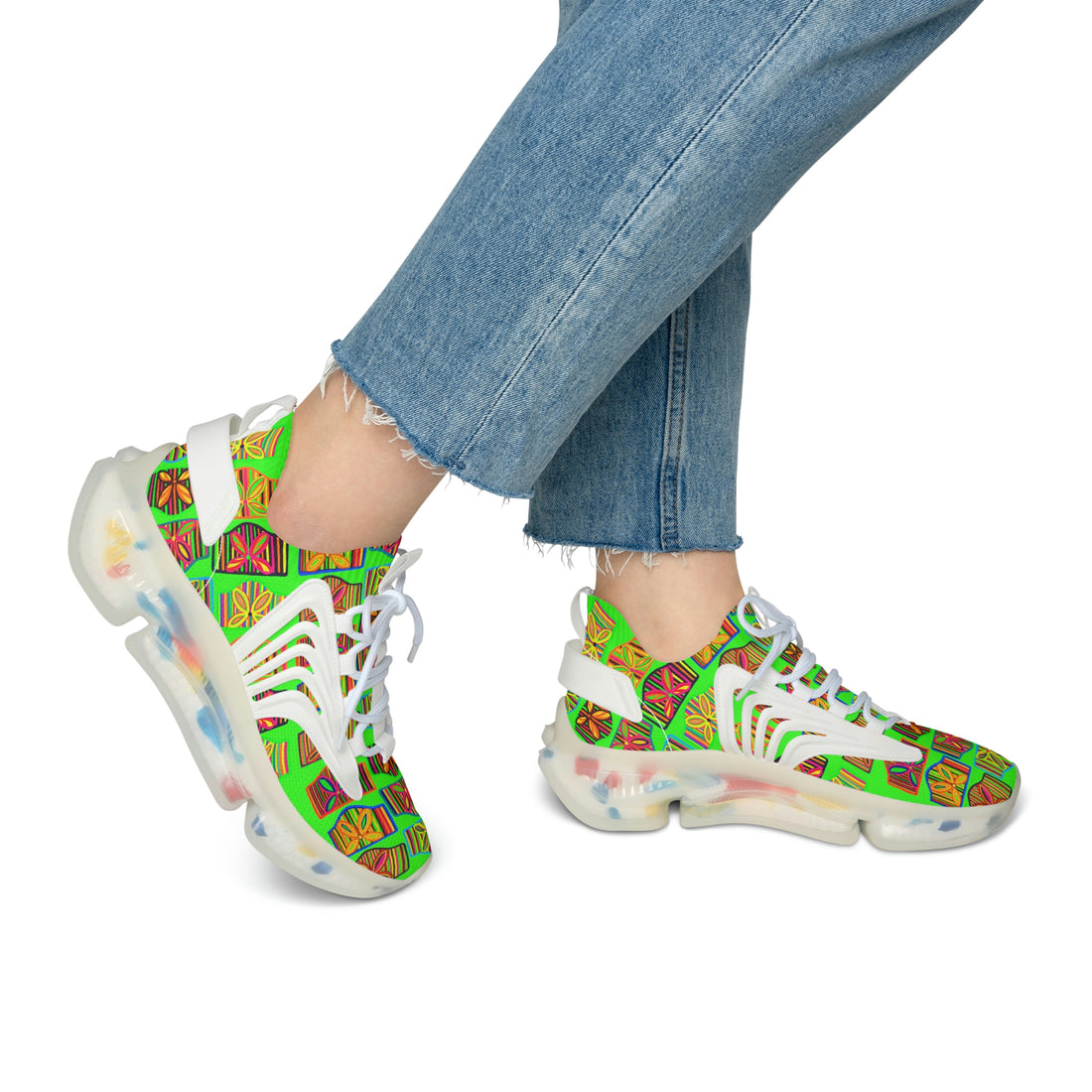 neon green women's art deco print mesh knit sneakers