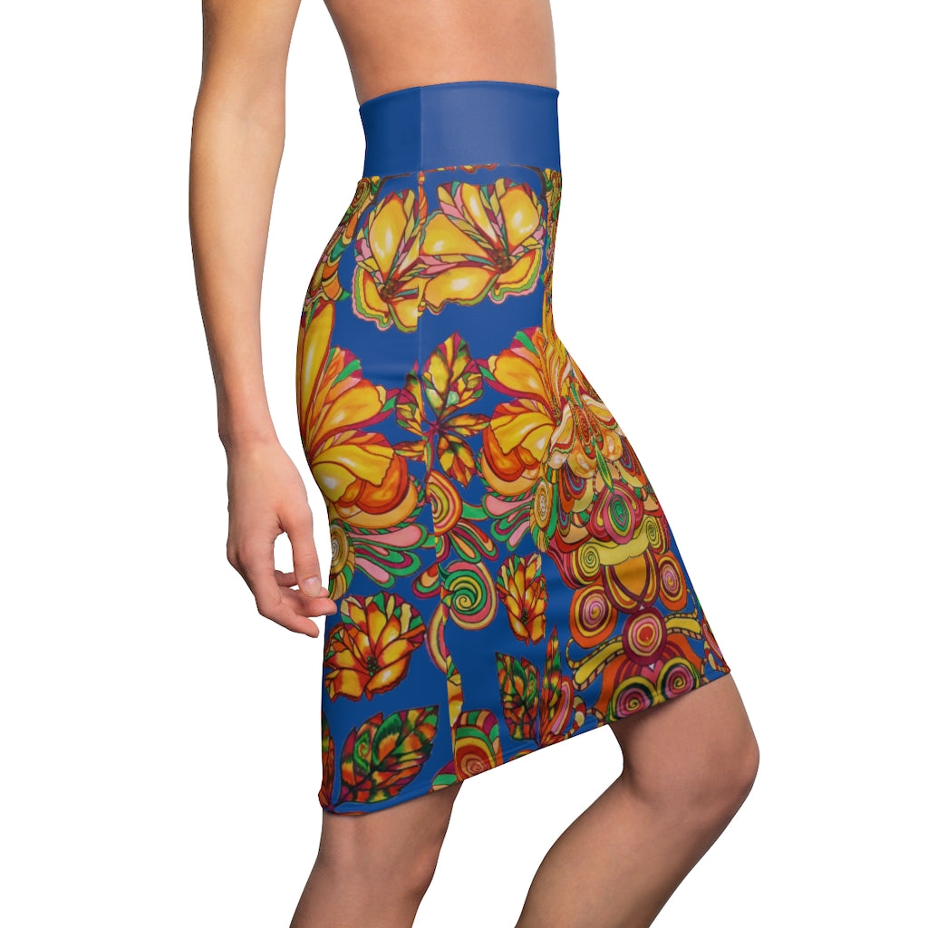 Artsy Floral Royal Blue Pencil Skirt