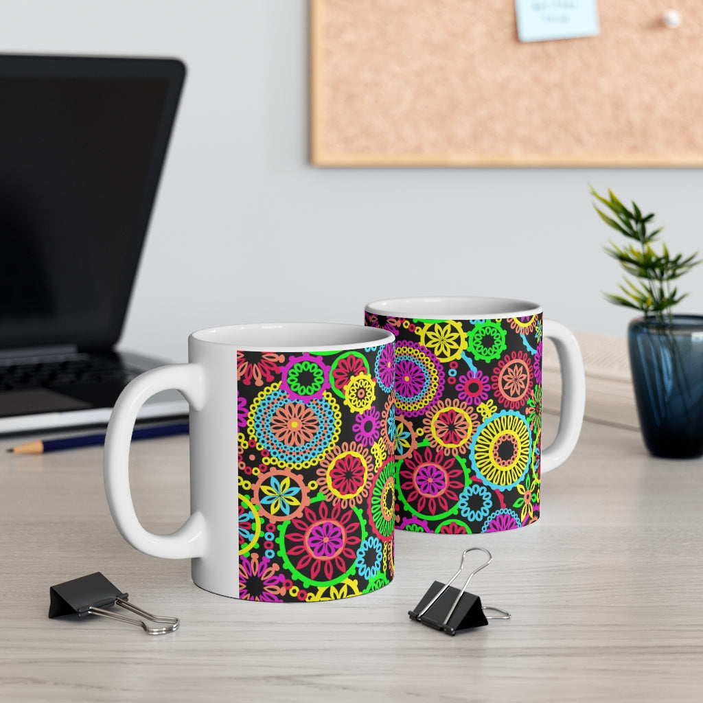 70S Circles Black Ceramic Mug 11oz