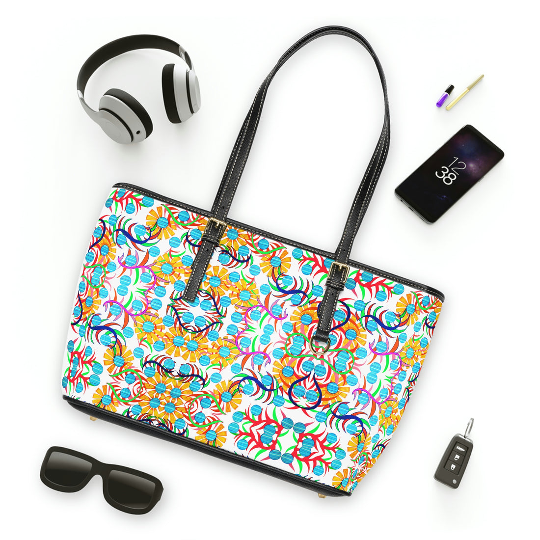 white sunflower print pu leather zipper tote bag