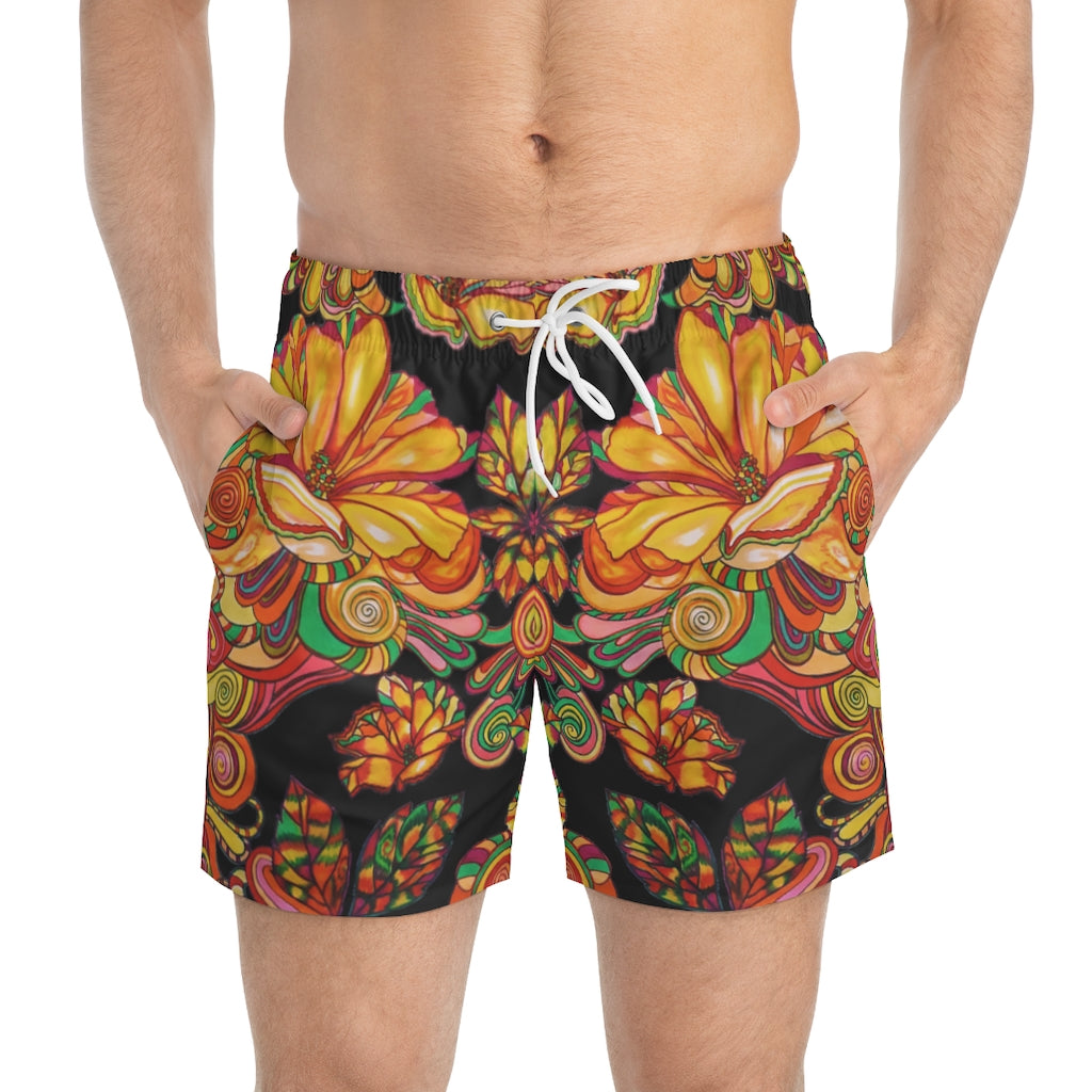 Artsy Floral Men's Black Swimming Trunks