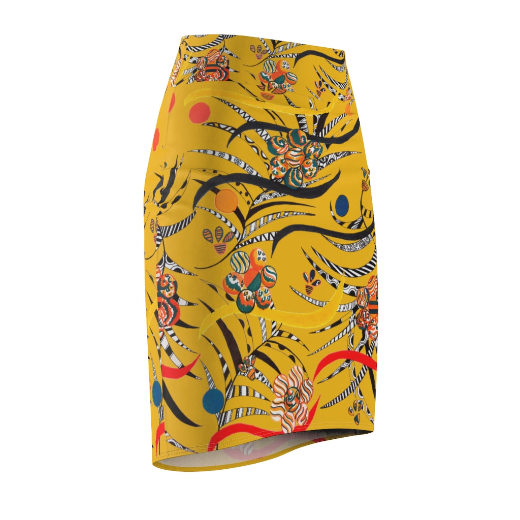 yellow floral & animal print pencil skirt