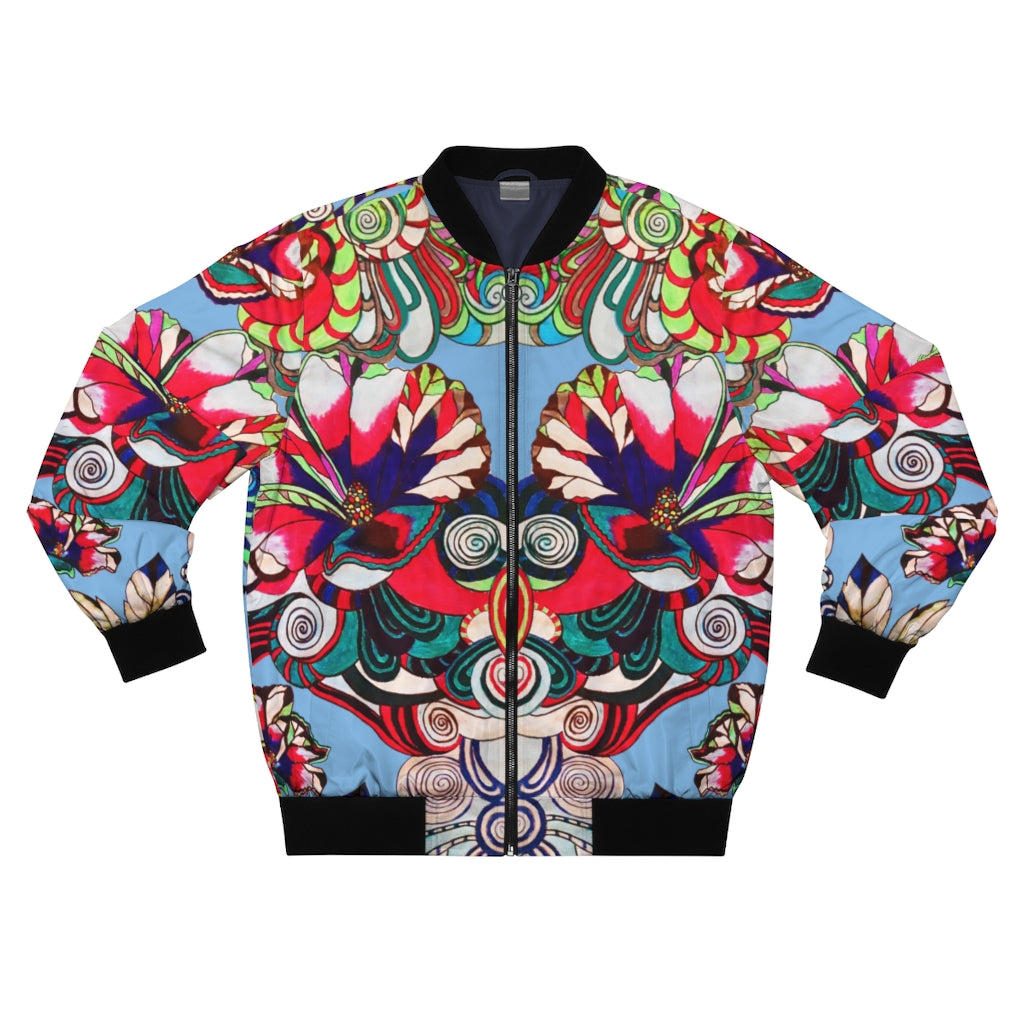 sky blue graphic floral men's bomber jacket