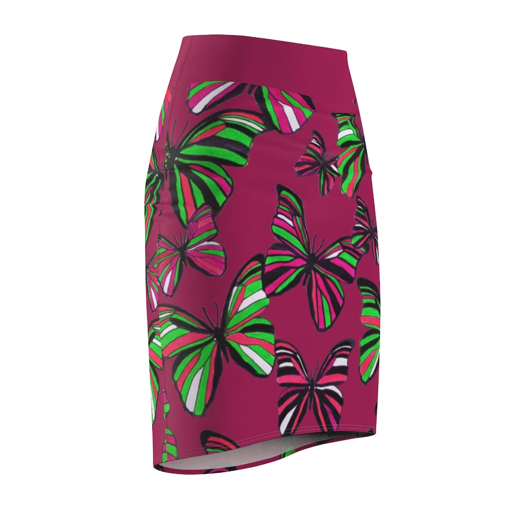 Dark Pink Butterflies Pencil Skirt
