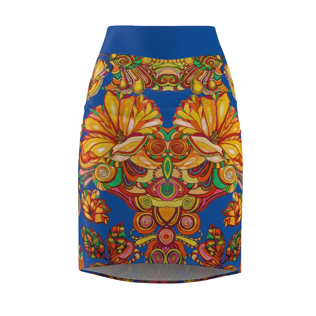 Artsy Floral Royal Blue Pencil Skirt