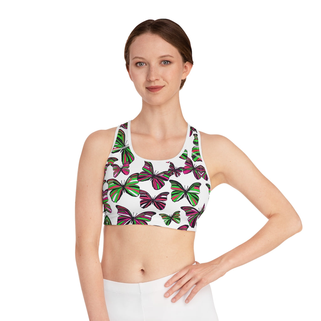white butterfly print sports bra