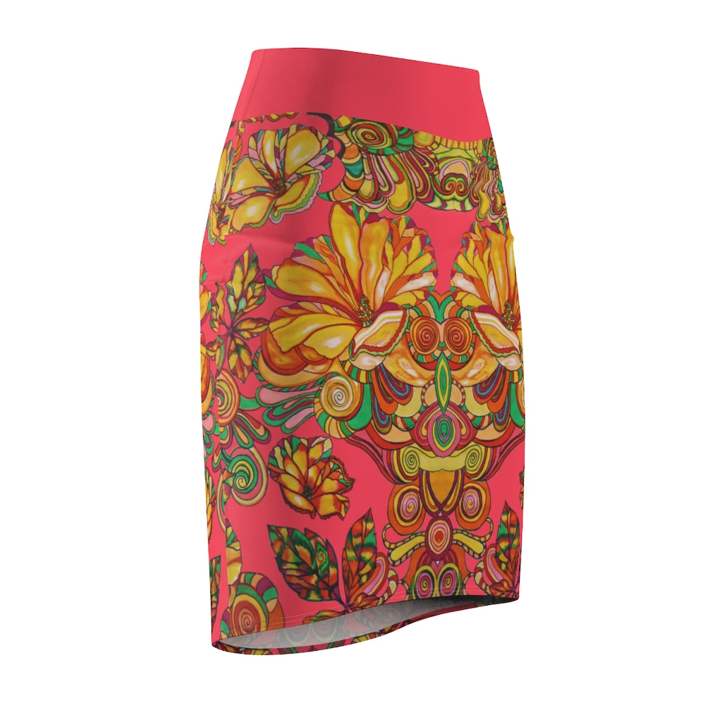 Artsy Floral Coral Red Pencil Skirt