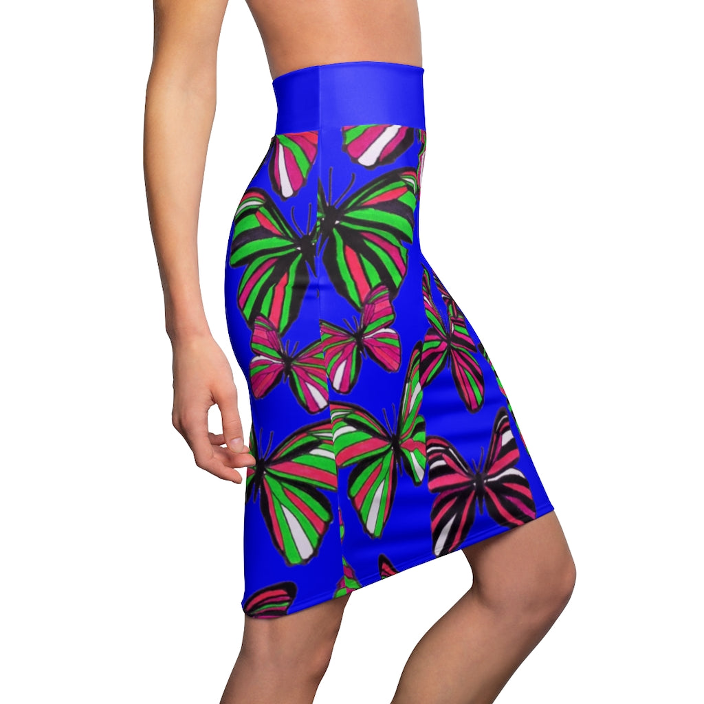 Electric Blue Butterflies Pencil Skirt