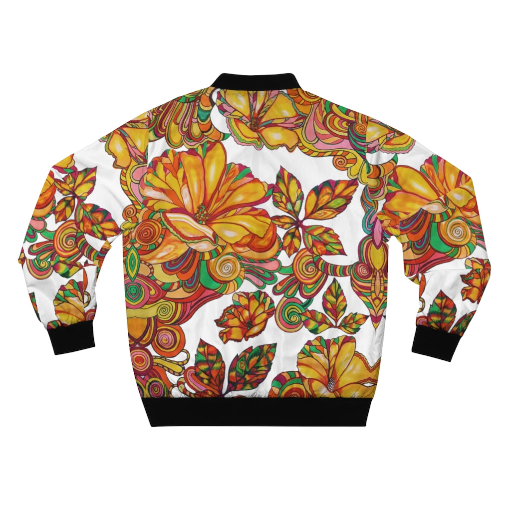 Men's white artsy floral printed bomber jacket