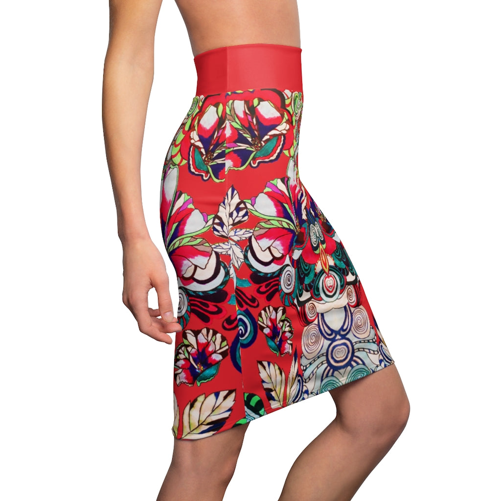 Floral Pop Red Pencil Skirt